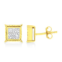 14K Yellow Gold 1.0 Cttw Invisible Set Princess-Cut Diamond Composite 8 Stone Stud Earrings (I-J Color, SI1-SI2 Clarity)
