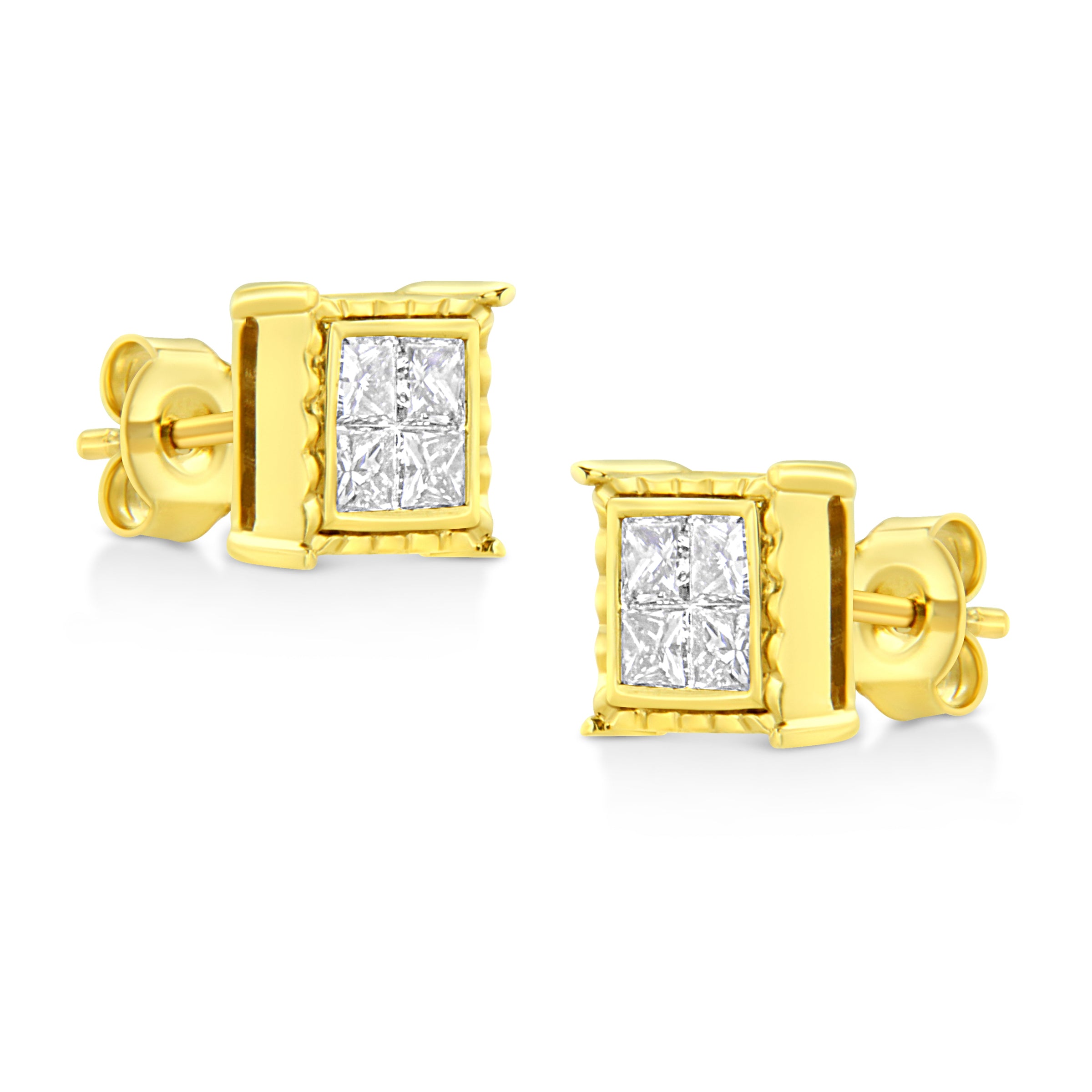 14K Yellow Gold 1.0 Cttw Invisible Set Princess-Cut Diamond Composite 8 Stone Stud Earrings (I-J Color, SI1-SI2 Clarity)