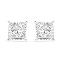 14K White Gold 1 1/2 Cttw Invisible Set Princess-Cut Diamond Contemporary Wavy Quad Stud Earrings (I-J Color, I1-I2 Clarity)