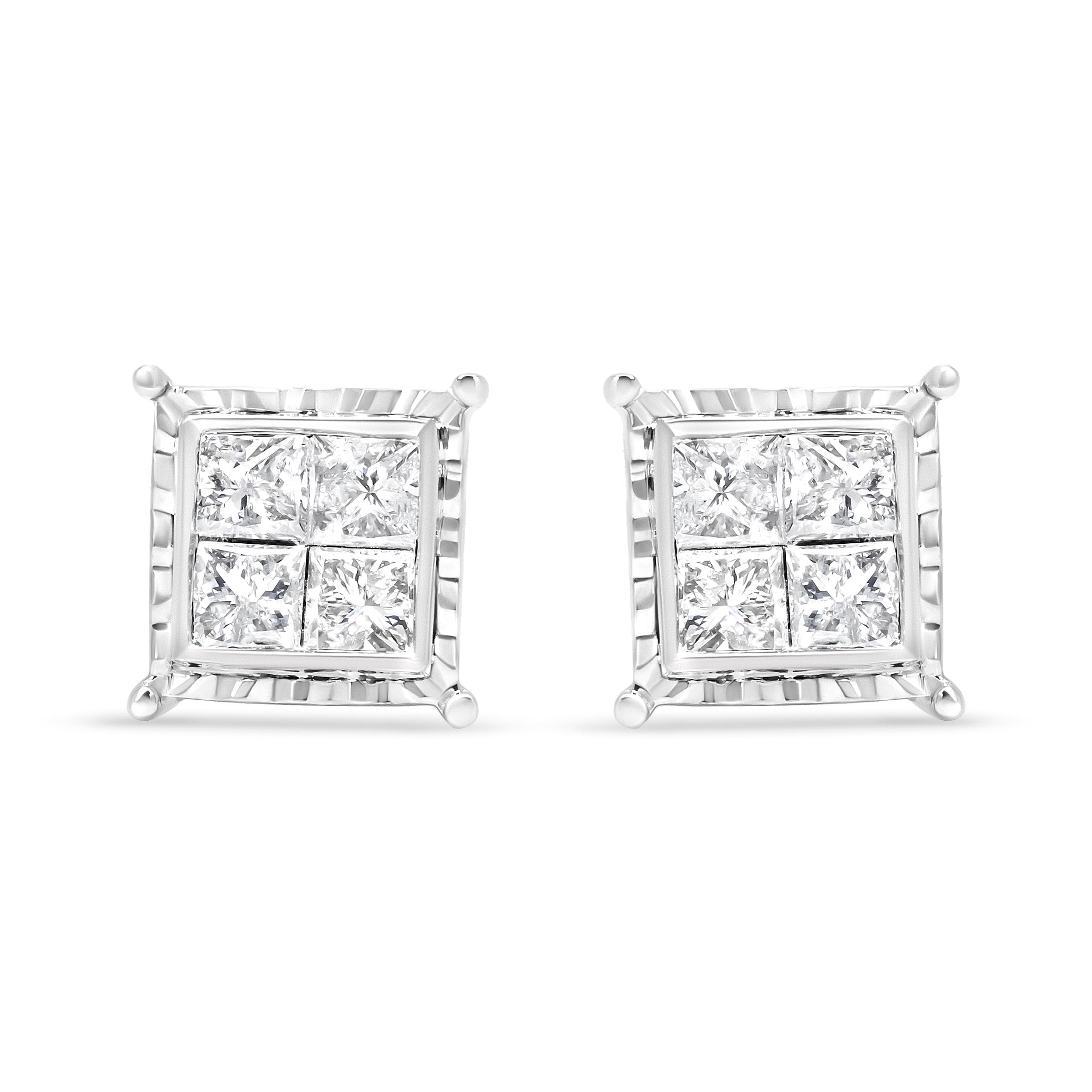 14K White Gold 1 1/2 Cttw Invisible Set Princess-Cut Diamond Contemporary Wavy Quad Stud Earrings (I-J Color, I1-I2 Clarity)