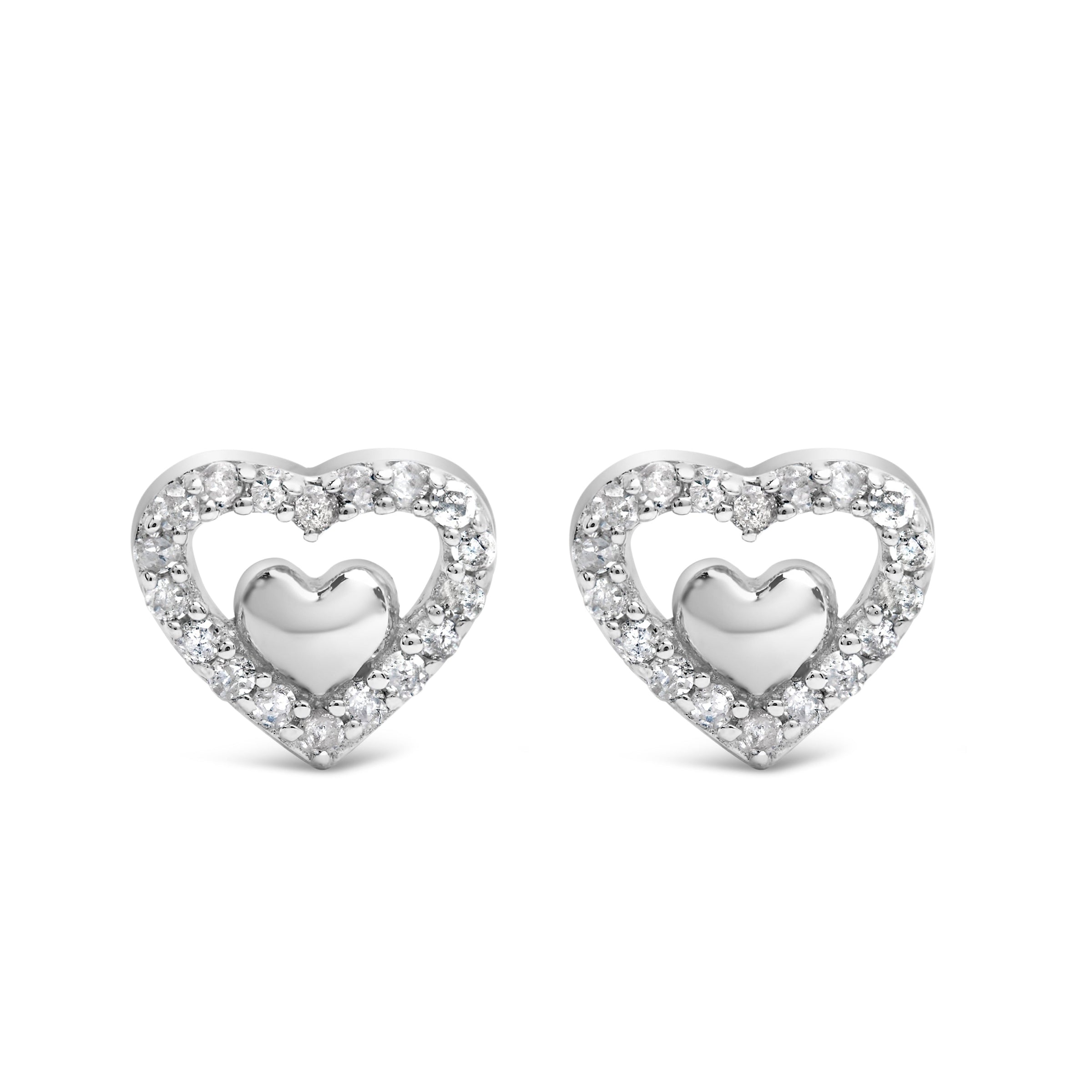 925 Sterling Silver 1/6 Cttw Diamond Open Double Heart Stud Earrings (I-J Color, I3 Clarity)