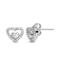 925 Sterling Silver 1/6 Cttw Diamond Open Double Heart Stud Earrings (I-J Color, I3 Clarity)
