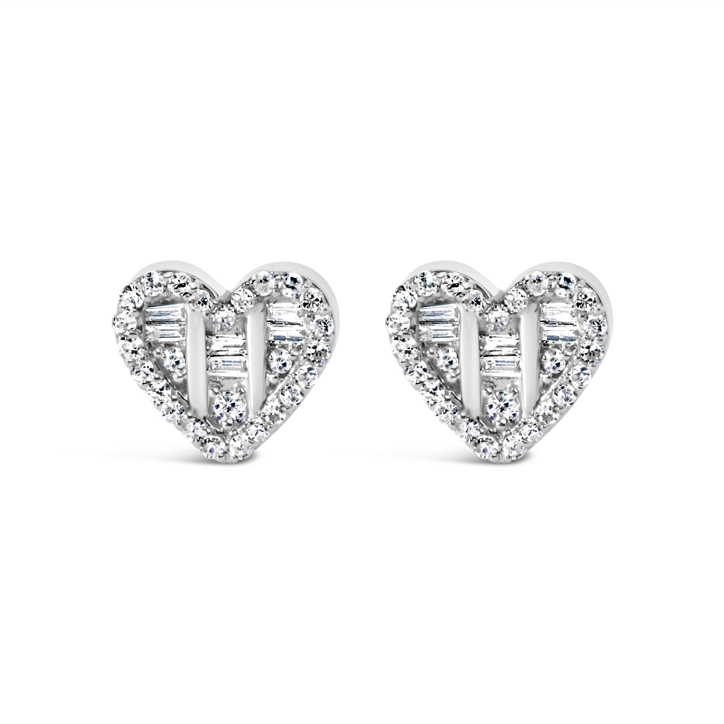 14K Yellow Gold Plated .925 Sterling Silver 1/2 Cttw Round and Baguette Diamond Composite Heart Shaped Stud Earring (I-J Color, SI2-I1 Clarity)