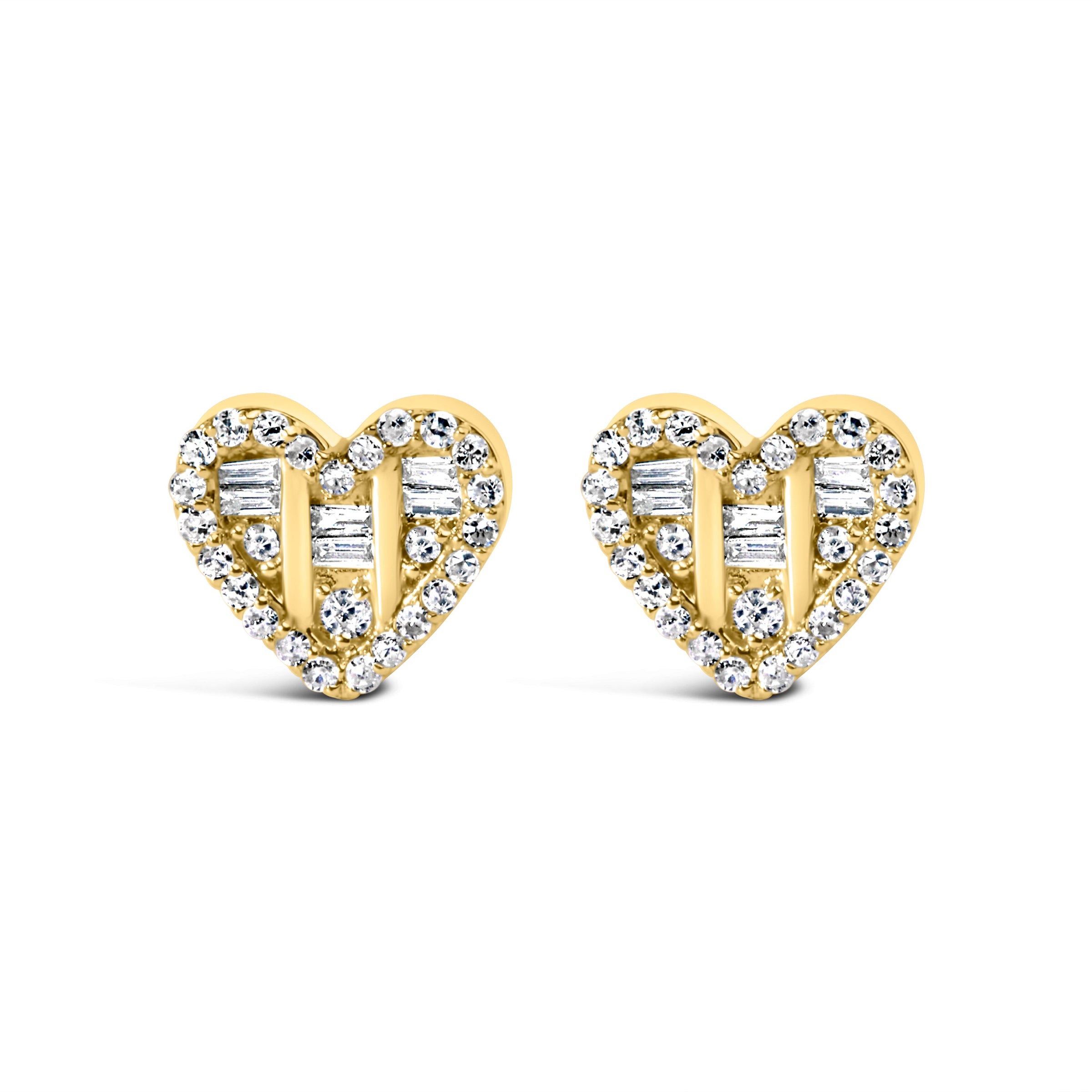 14K Yellow Gold Plated .925 Sterling Silver 1/2 Cttw Round and Baguette Diamond Composite Heart Shaped Stud Earring (I-J Color, SI2-I1 Clarity)