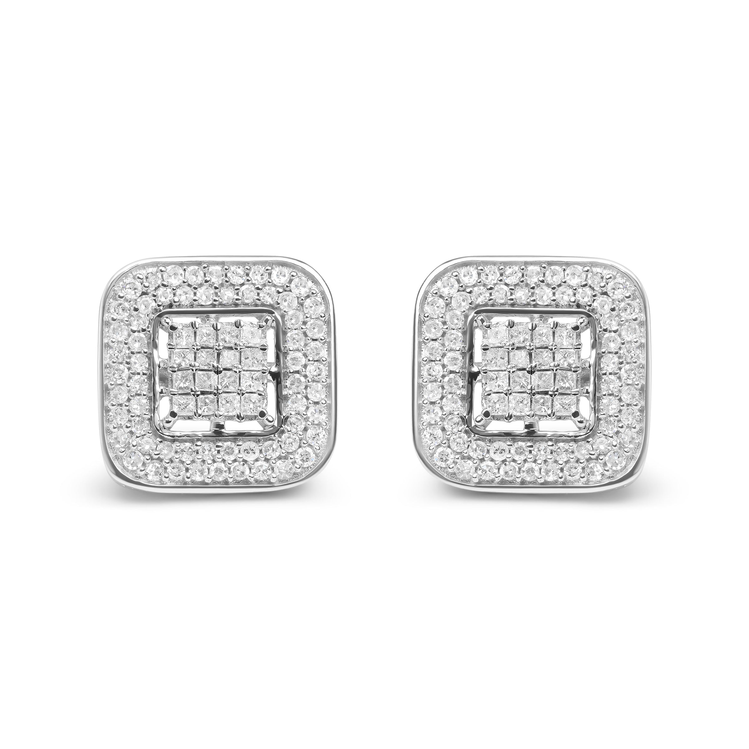 10K White Gold 1.0 Cttw Round and Princess Cut Diamond Composite Open Halo Stud Earrings (H-I Color, SI1-SI2 Clarity)