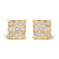 14K Yellow Gold 1 1/2 Cttw Invisible Set Princess-Cut Diamond 9 Stone Square Stud Earrings (J-K Color, SI2-I1 Clarity)