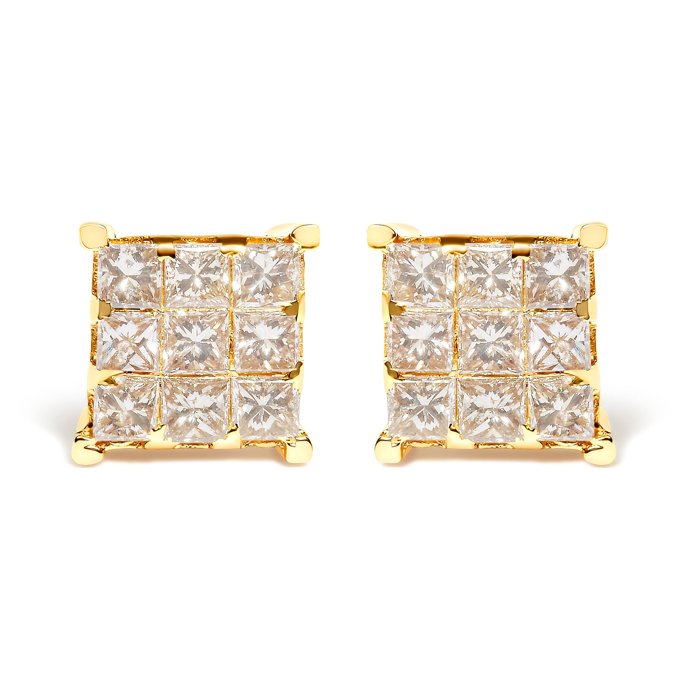 14K Yellow Gold 1 1/2 Cttw Invisible Set Princess-Cut Diamond 9 Stone Square Stud Earrings (J-K Color, SI2-I1 Clarity)