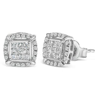 Sterling Silver 1/2 Cttw Princess Cut Diamond Composite and Halo Stud Earrings