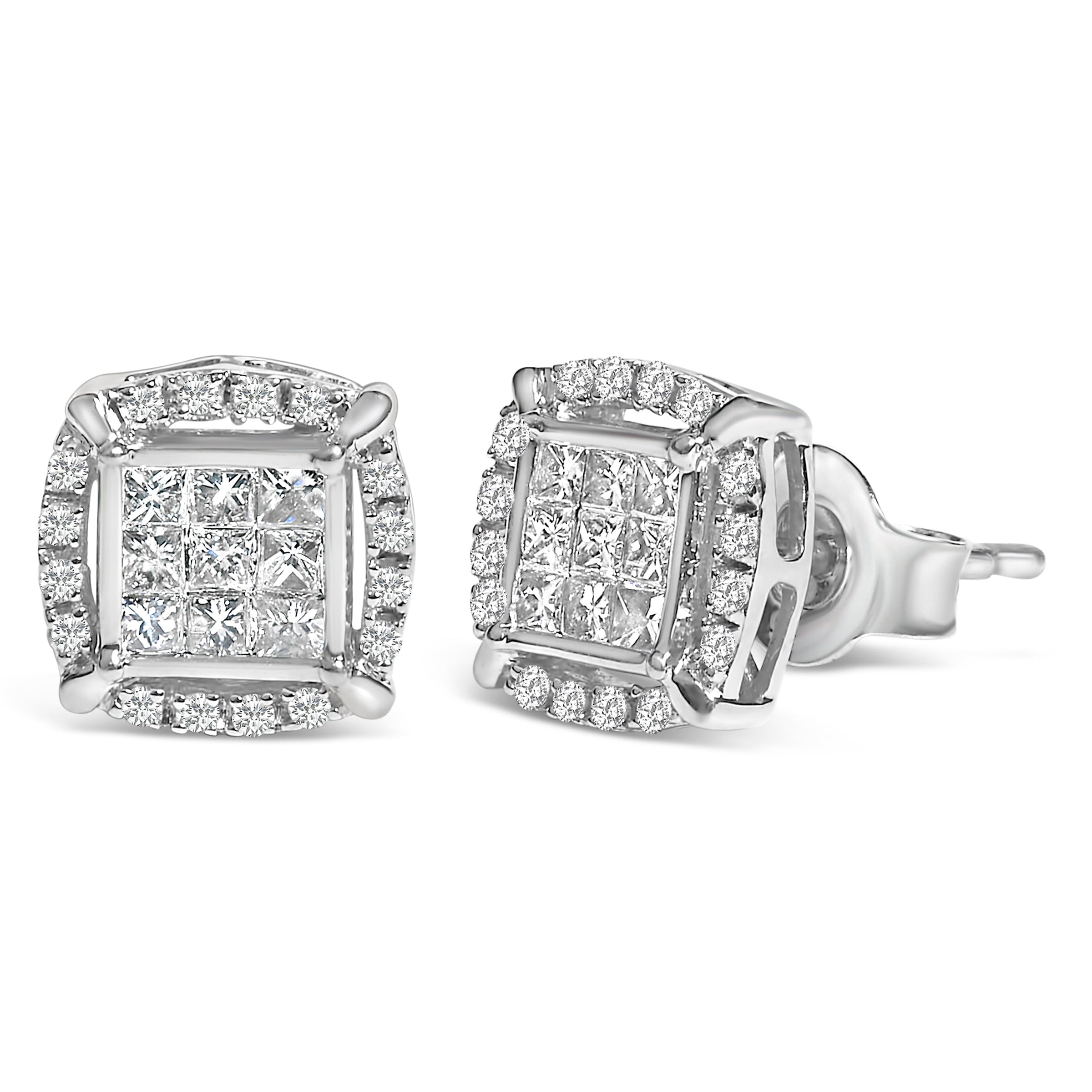 Sterling Silver 1/2 Cttw Princess Cut Diamond Composite and Halo Stud Earrings