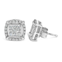 Sterling Silver 1/2 Cttw Princess Cut Diamond Composite and Halo Stud Earrings