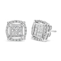 Sterling Silver 1 Cttw Princess Cut Diamond Square Halo Stud Earrings