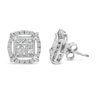 Sterling Silver 1 Cttw Princess Cut Diamond Square Halo Stud Earrings