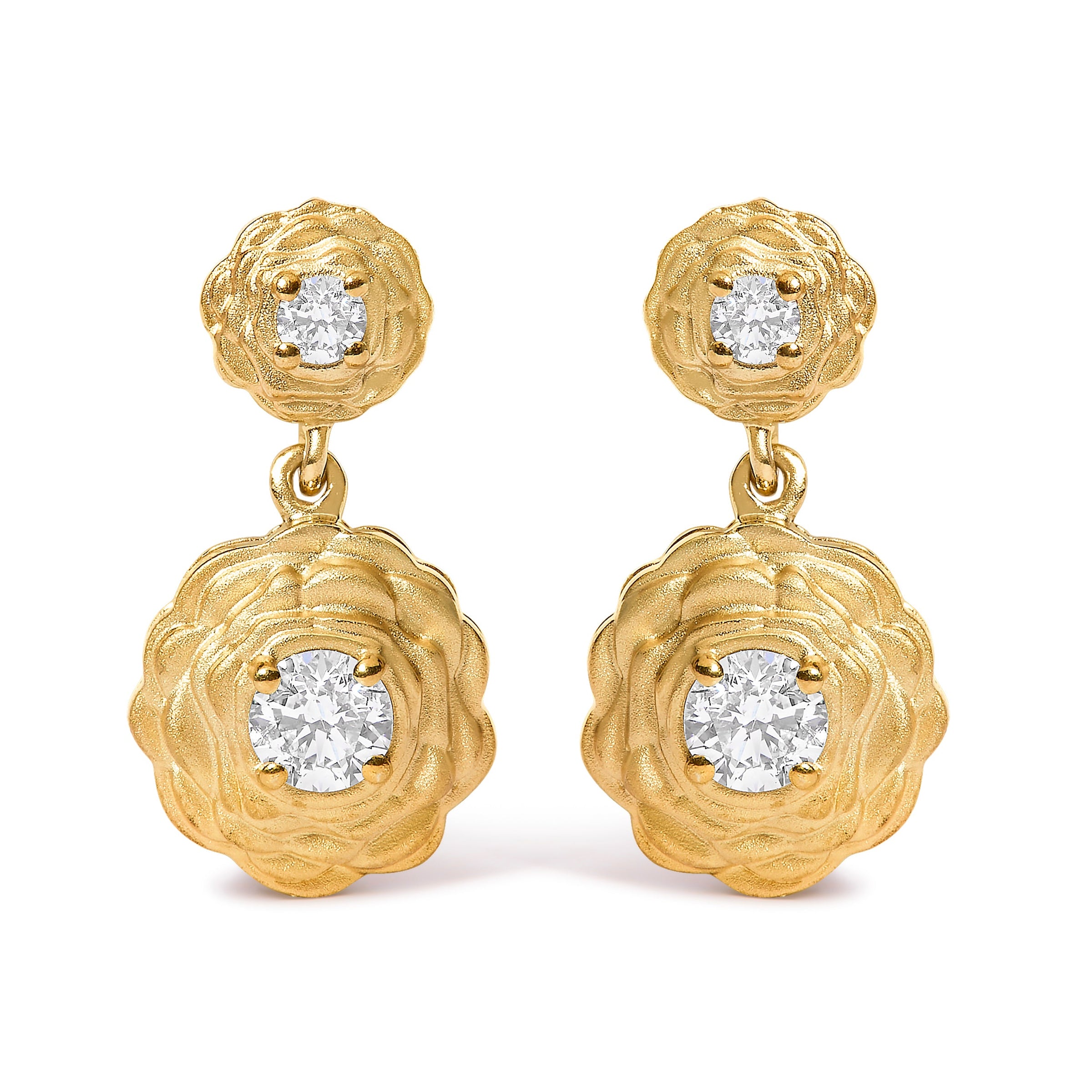14K Yellow Gold Plated Sterling Silver 1/2 Cttw Lab Grown Diamond Rose Motif Drop Earrings