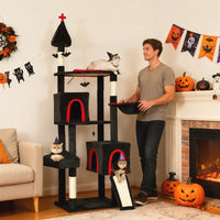 Gothic Cat Tree, Cat Tower With Coffin Bed, 2 Spacious Condos, Sisal Scratching Posts, Bat Hanging Balls, Halloween