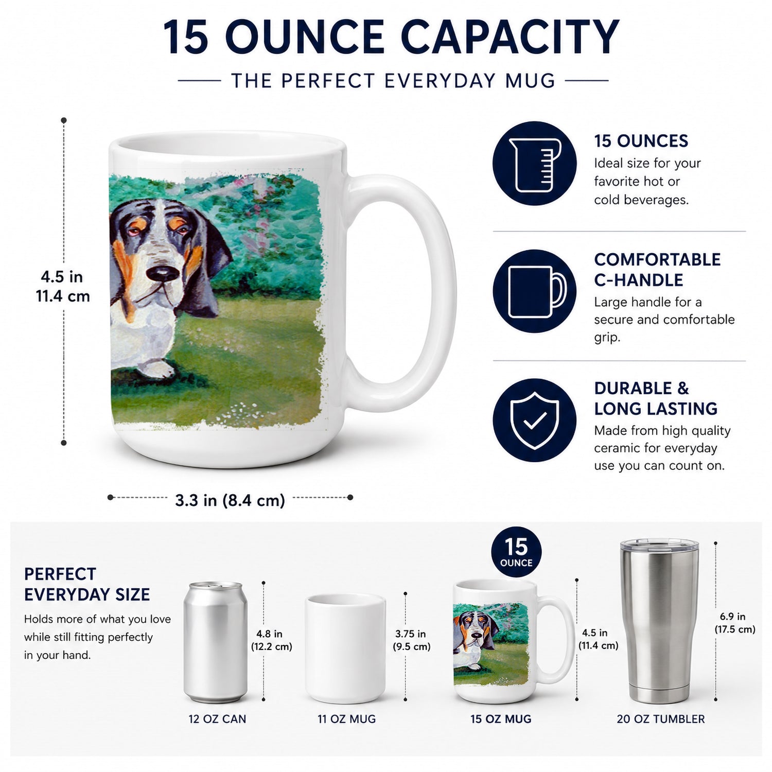 Basset Hound Double Trouble Ceramic Coffee Mug 15 oz Decorative Large C Handle Mug Cup for Tea, Cocoa Hot Chocolate