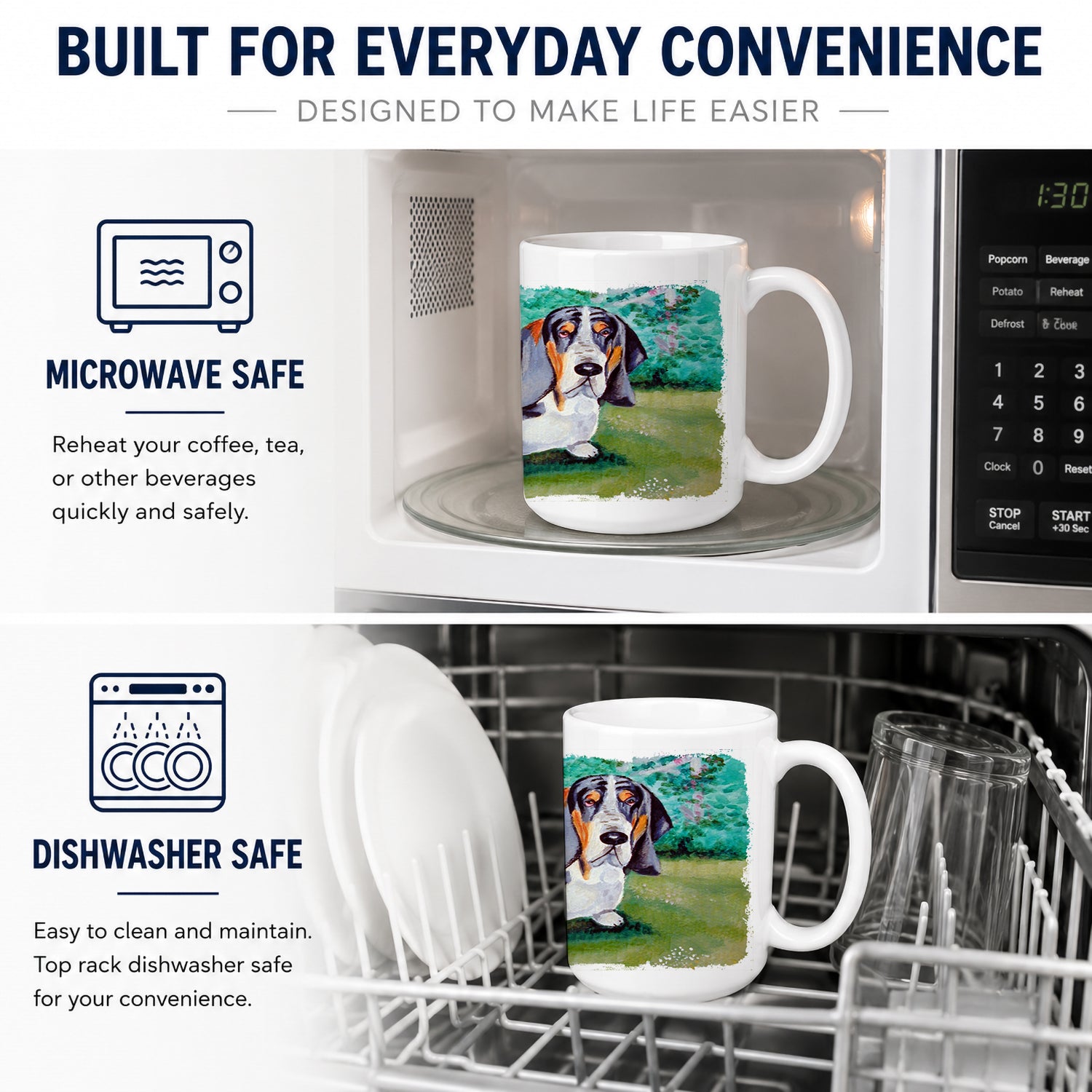 Basset Hound Double Trouble Ceramic Coffee Mug 15 oz Decorative Large C Handle Mug Cup for Tea, Cocoa Hot Chocolate