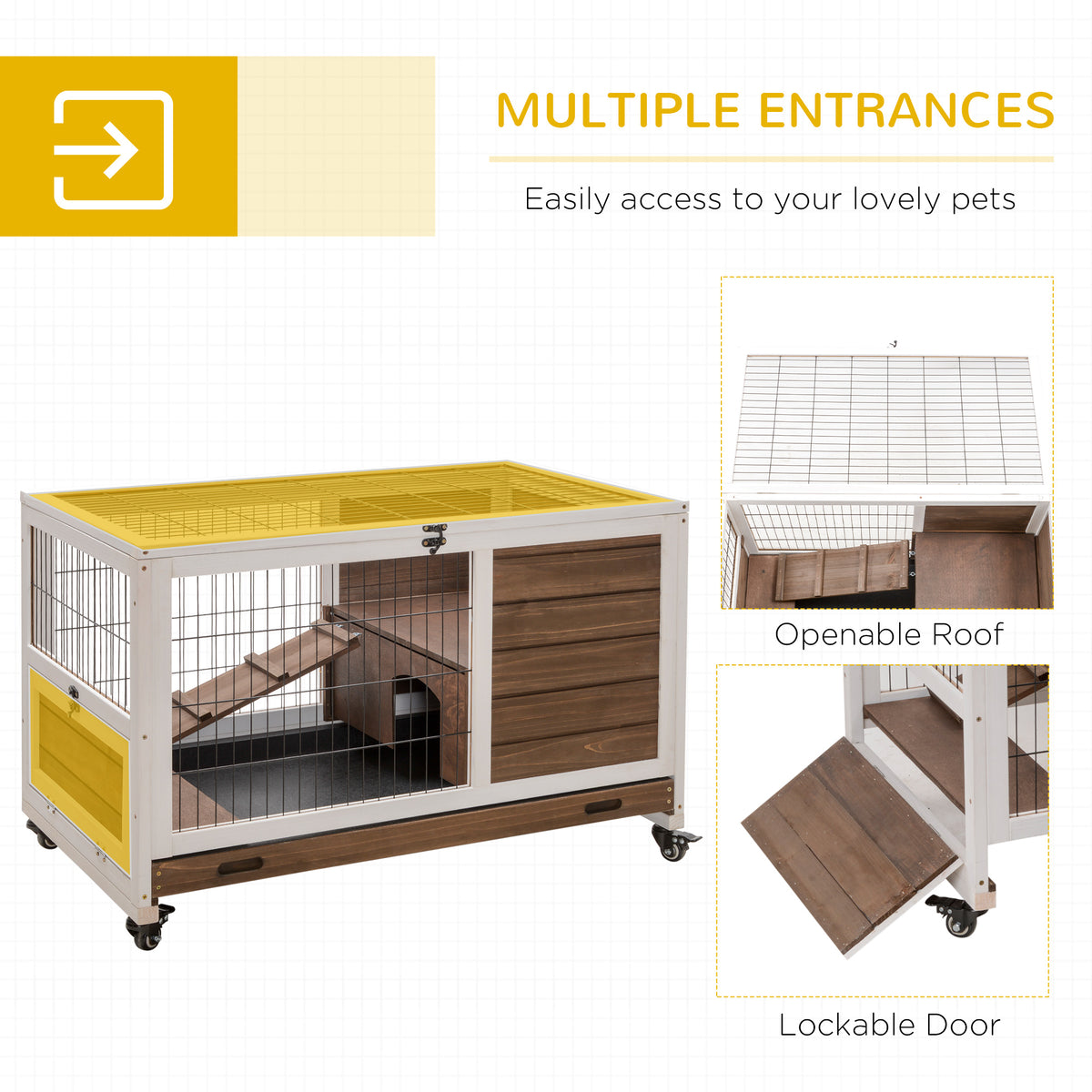 Indoor Rabbit Enclosure, On Wheels, Indoor Bunny Cage Small Animal House With Pull Out Tray Casters Ramp, 35.5 X 21 X 23