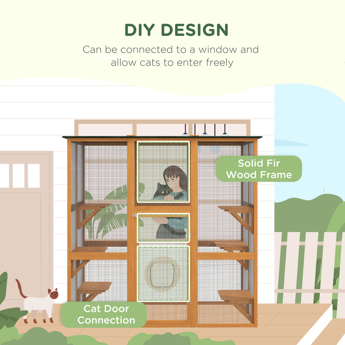 Outdoor Cat House Big Catio Wooden Feral Cat Shelter Enclosure with Large Spacious Interior, 6 High Ledges, Weather Prot