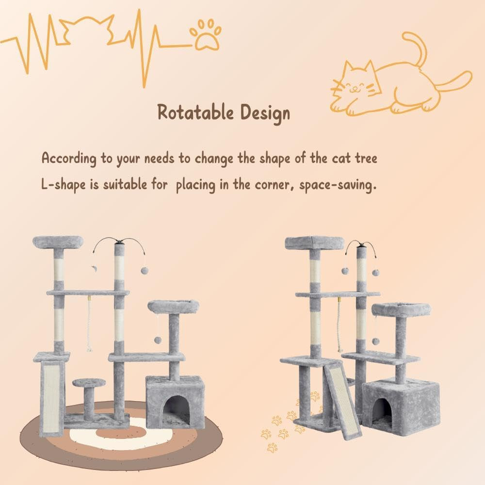 Ultimate 53.5-Inch Rotatable Cat Tree: Multi-Level Playground for Kittens and Large Cats with Cozy Condo and Scratching Posts in Light Gray - BIG FRENCHIES