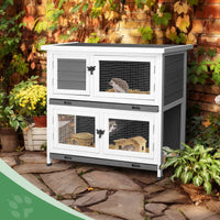 2 Story Solid Wood Rabbit Hutch Bunny Cage with 2 Large Main Rooms, Indoor Outdoor Rabbit House Guinea Pig Cage Pet Hous