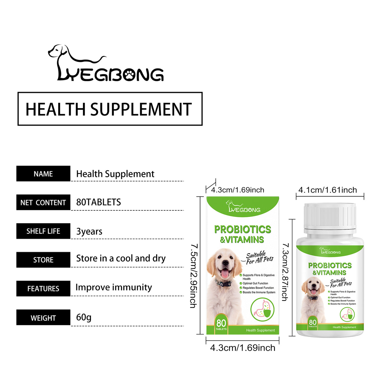 Pet Probiotics & Vitamin Tablets For Dogs & Cats, Gut Health Supplement, Support Digestion & Immune System, 80 Chewable 