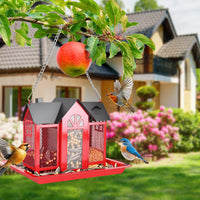 1Pc Metal Hanging Bird Feeder House Classic Barn Bird Feeder House Iron Hanging Outdoor Feeder With Visible Window And L