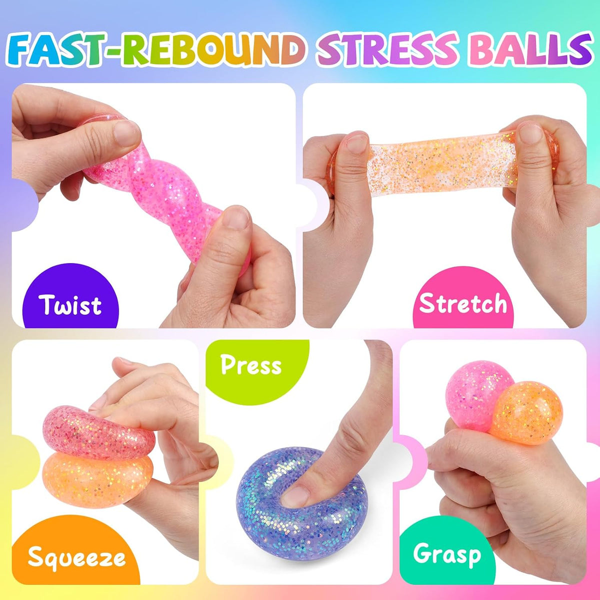 16 Pack Slow Rising Stress Balls，Textured Memory Soft Stress Ball – Fun for Kids & Family - 24 Pack Glitter Stress Balls - image 3