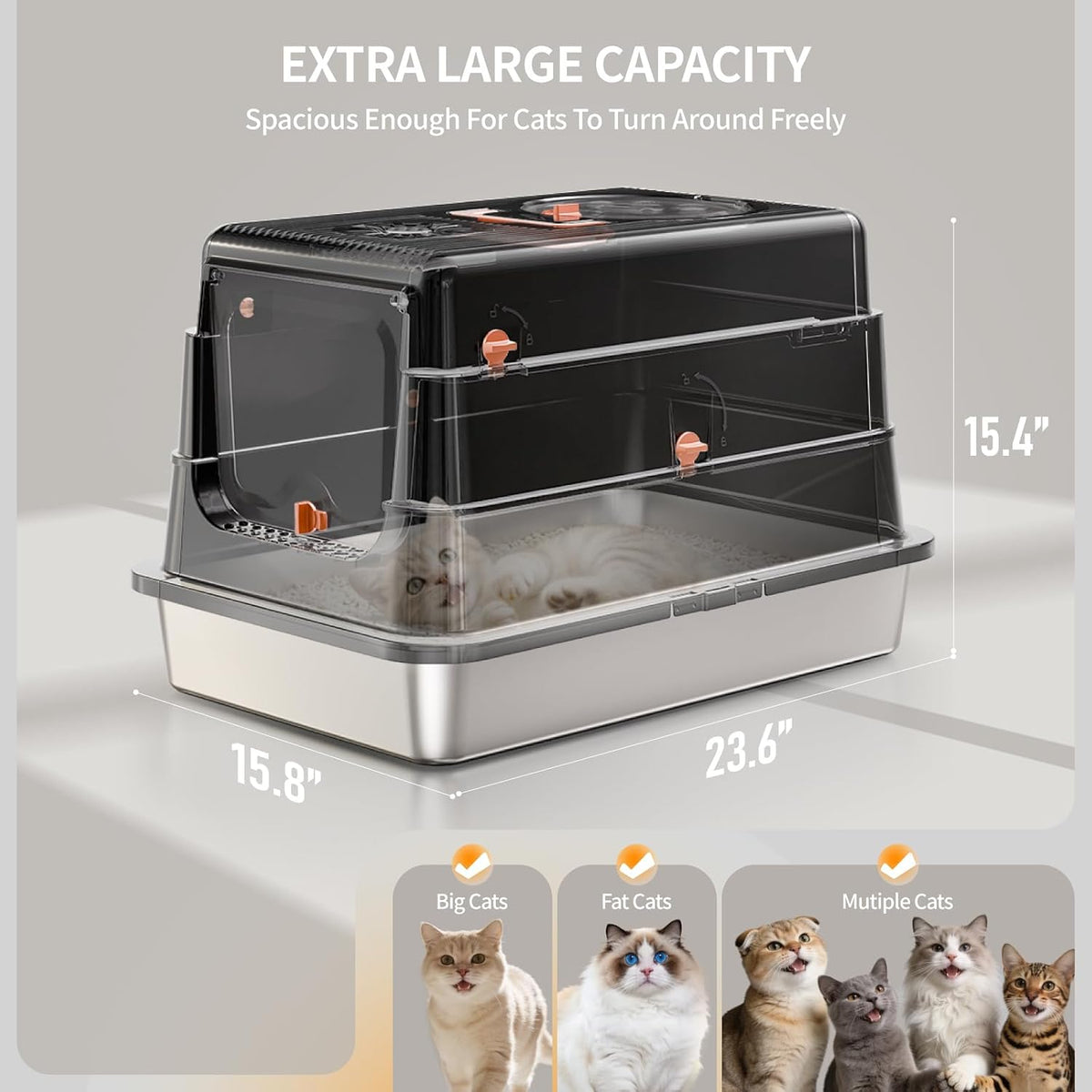 Stainless Steel Cat Litter Box with Lid, XL Large Enclosed - Black - image 3