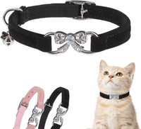 BINGPET Diamond Cat Collar with Bell, Adjustable Kitten Collar - Black(Bowknot) / Neck Girth 8"-10"