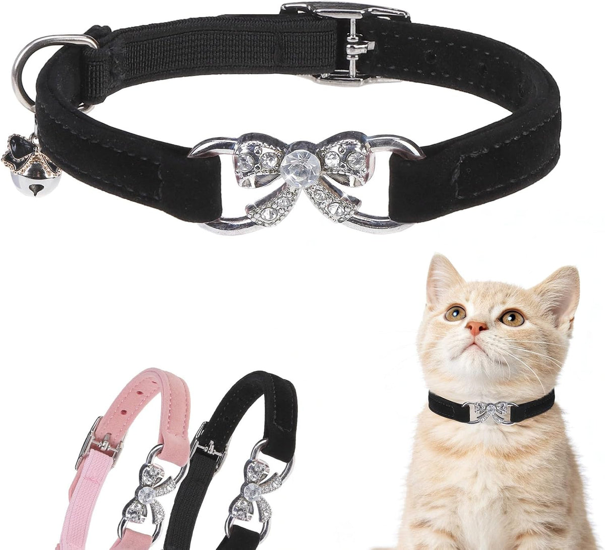 BINGPET Diamond Cat Collar with Bell, Adjustable Kitten Collar - Black(Bowknot) / Neck Girth 8"-10"