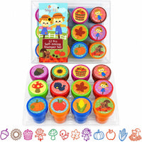 TINYMILLS 12 self-inking Thanksgiving stamps for kids with pumpkin and fall leaf designs