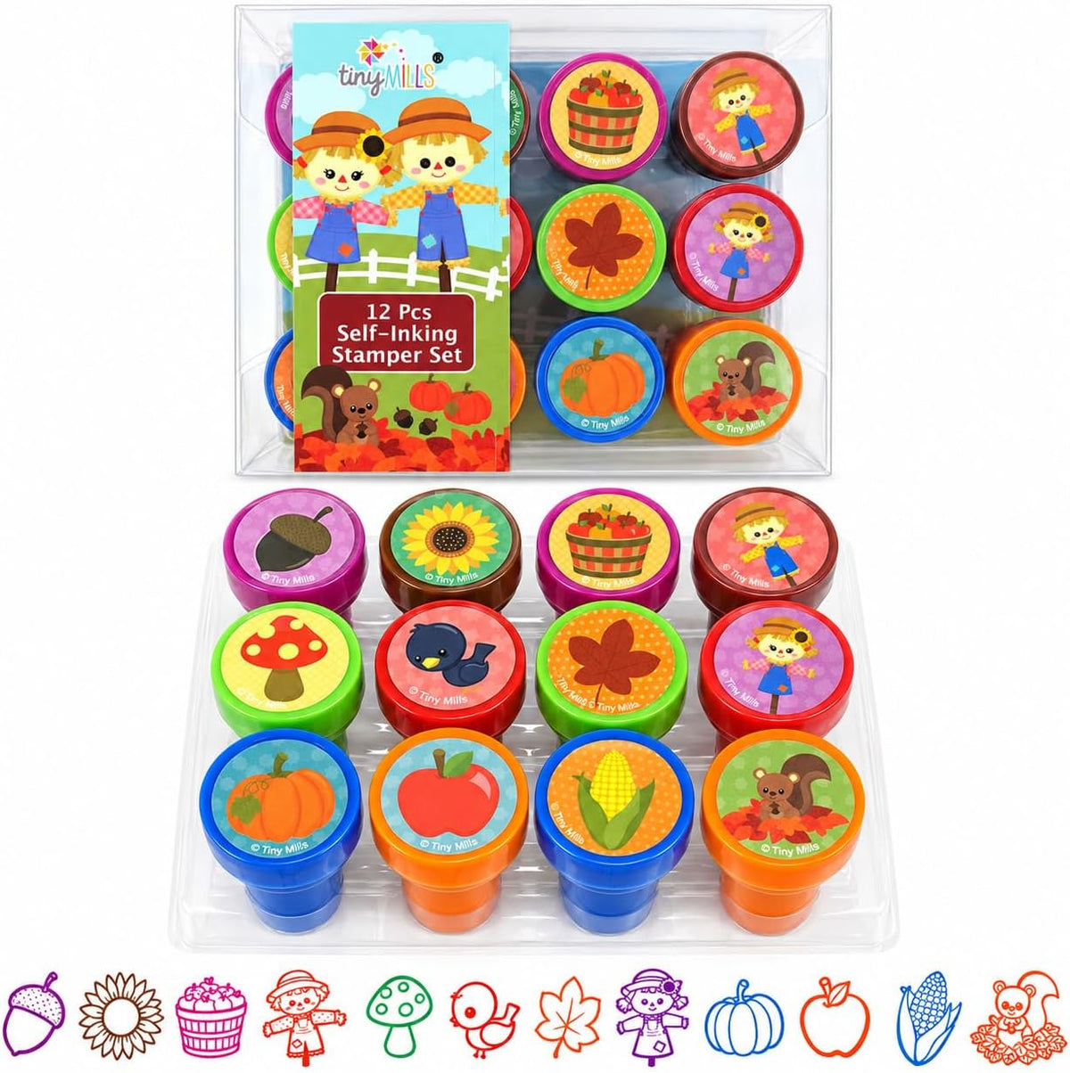 TINYMILLS 12 self-inking Thanksgiving stamps for kids with pumpkin and fall leaf designs