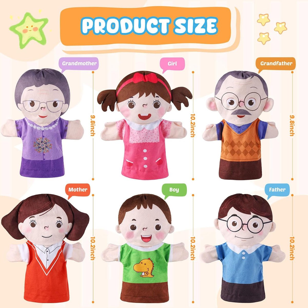 6 Pcs Family Hand Puppets 12 Inch Grandparents, Mom & Dad - 6 Family C - image 2