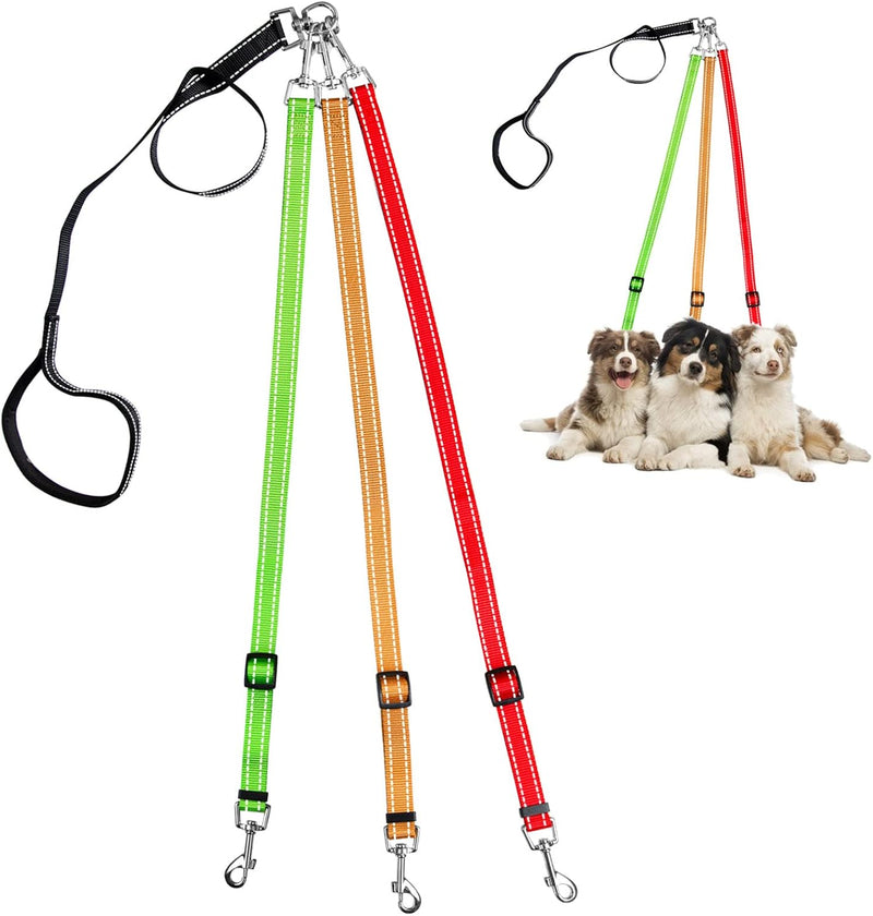 3 Way Dog Leash Detachable Reflective Coupler Tangle Free 3 in 1 - Muticolor