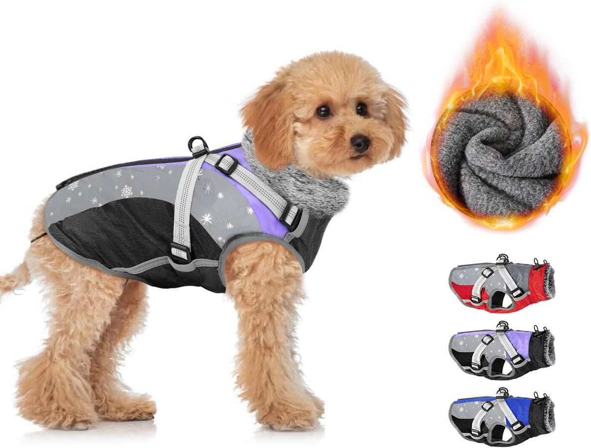 SlowTon Dog Jacket with Harness - Purple & Black / Small (Chest 15.0"-18.0")