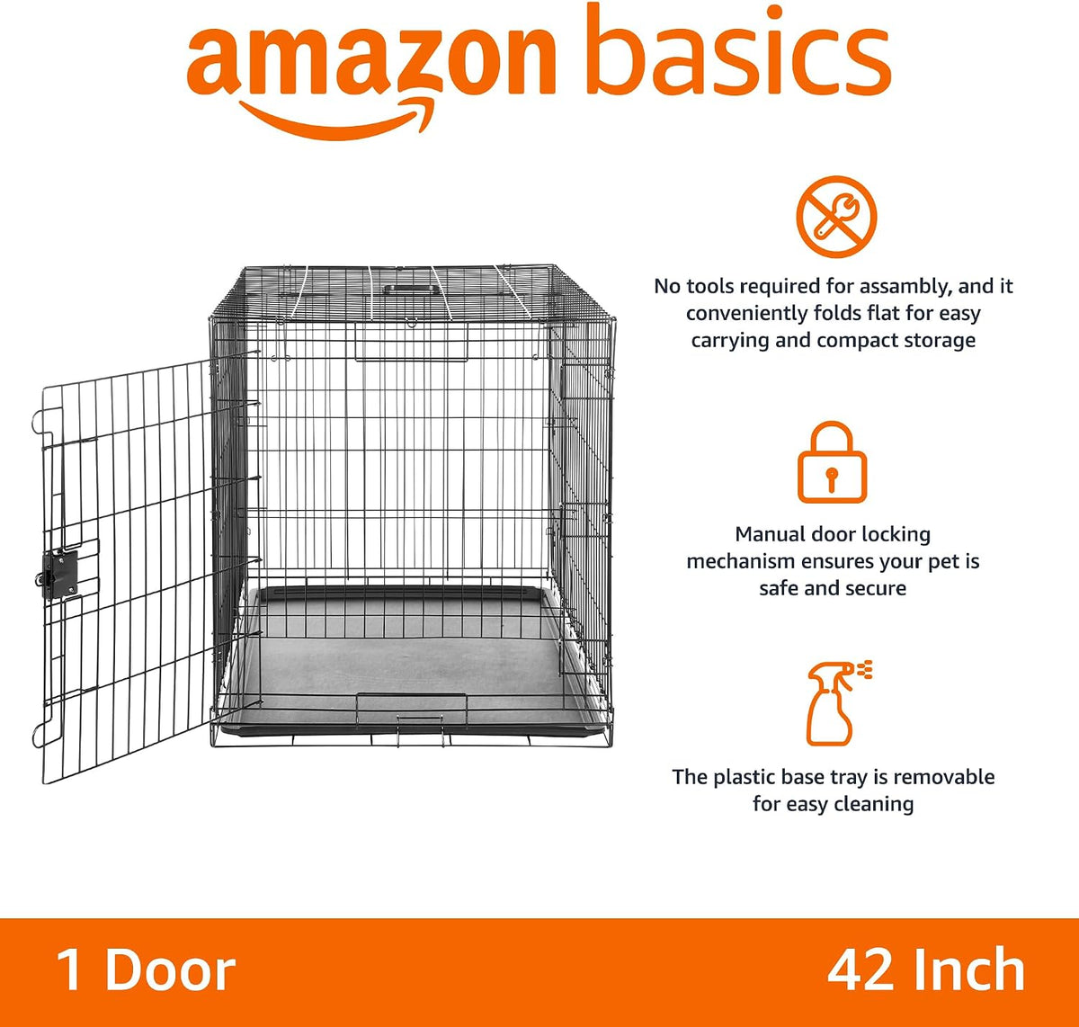 Amazon Basics Portable, Foldable Metal Wire Small Dog Crate with Removable Tray, Divider Panel - 42.0"L x 28.0"W x 30.0"H / Single Door w/ Divider - image 2