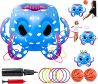 Hymaz inflatable blue octopus pool toy with basketball hoop, balls and ring toss rings - view 2