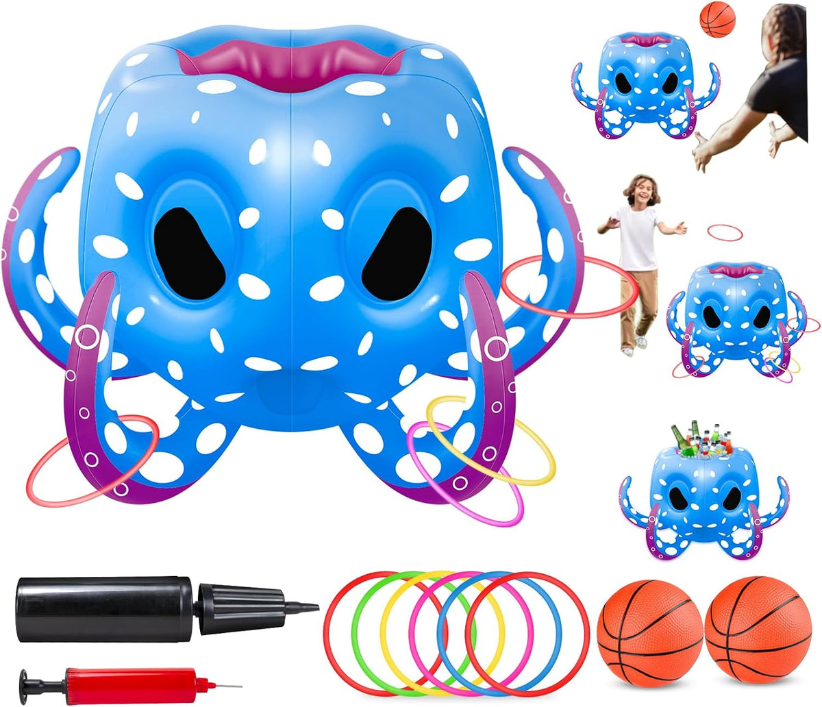 Hymaz inflatable blue octopus pool toy with basketball hoop, balls and ring toss rings - view 2