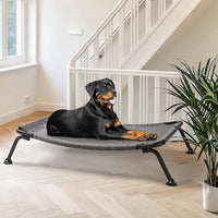 Veehoo Outdoor Elevated Dog Bed, Cooling Raised Dog Cot Bed XL, Portable Waterproof Curved Dogs Hammock Beds for Outside, up to 150lbs, Black Legs, Black Silver 49"