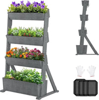 SUNYRISY 4 Tiers Vertical Raised Garden Bed Outdoor Planter Tower, Wooden Freestanding Planter Box for Planting Herbs Flowers Vegetables Backyard Patio Balcony Indoor Outdoor Gardening, Grey