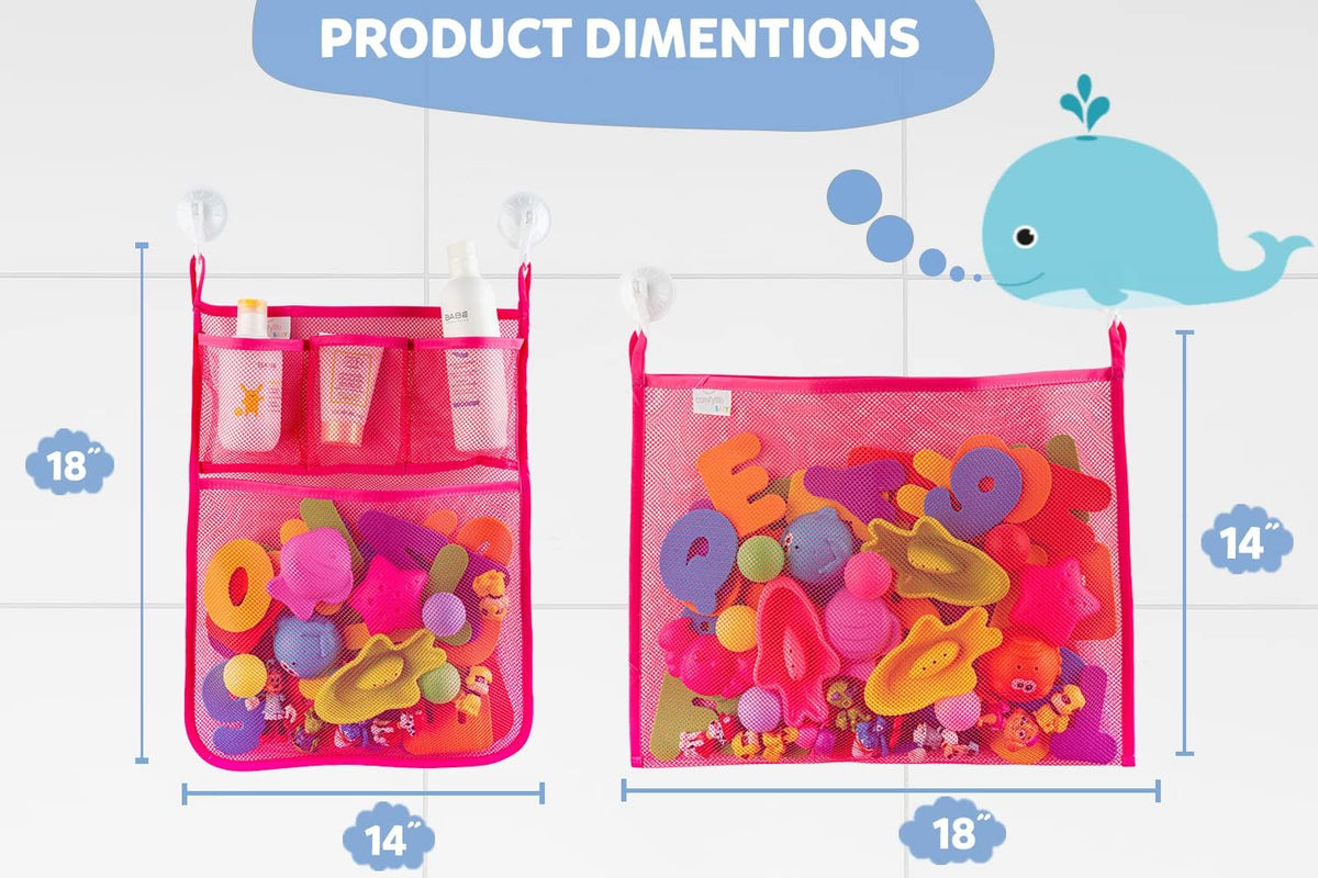 2 x Mesh Bath Toy Organizer + 8 Ultra Strong Hooks - Pink 2-Pack - image 2