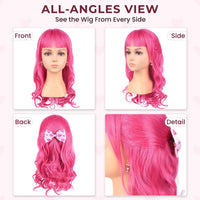AMZCOS kids long wavy hot pink princess cosplay wig with pink bow and drop earrings - view 8