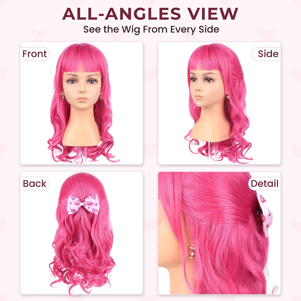 AMZCOS kids long wavy hot pink princess cosplay wig with pink bow and drop earrings - view 8