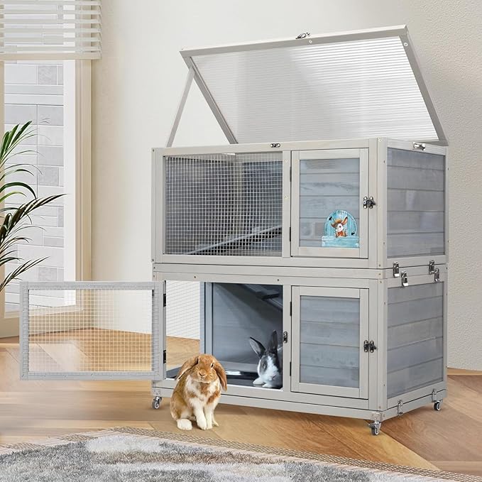 Weatherproof Wooden Rabbit Hutch for Indoor Outdoor Use, 2 Story Bunny Cage House with Wheels, Small Animal Shelter with Pull Out Tray, Non-Slip Ramp, Chicken Coop, Pet House Guinea Pigs Quail