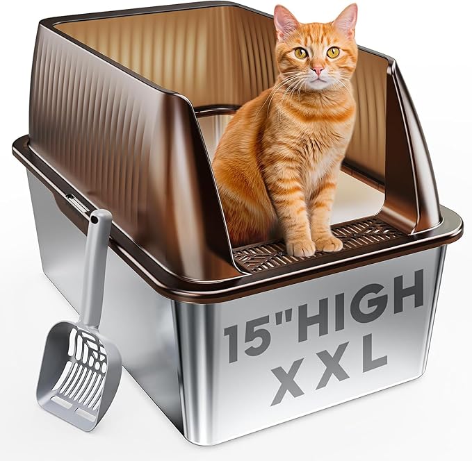 Tripamin 15” XL Stainless Steel Cat Litter Box Enclosure, XXL Stainless Steel High Sides with Lid, Extra Large Metal Cat Litter Box (Translucent Brown, XX-Large)