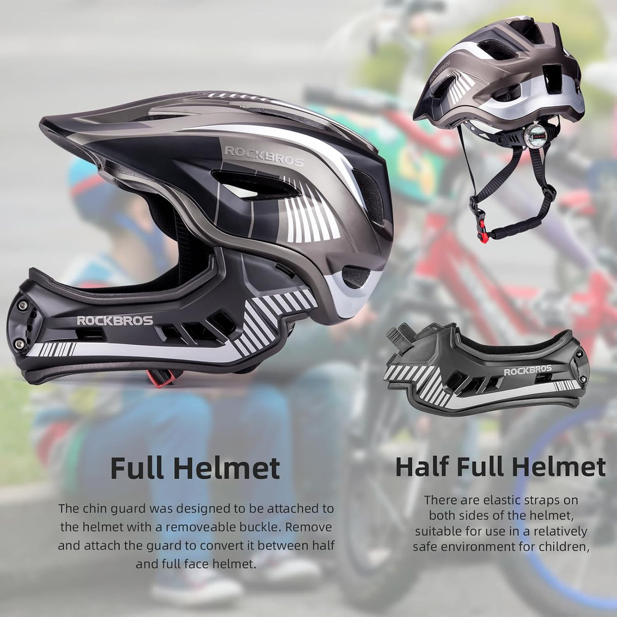 ROCKBROS Kids Full Face Bike Helmet Lightweight Detachable MTB Helmet – Fun for Kids & Family - Black Titanium / Small - image 3