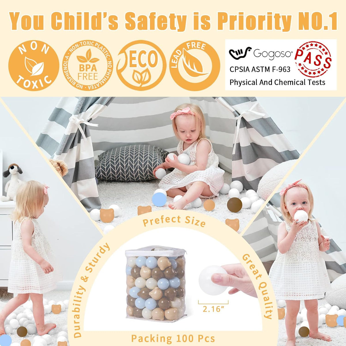 GOGOSO 100 pastel bear-shaped and round ball pit balls with zipper storage bag - view 13