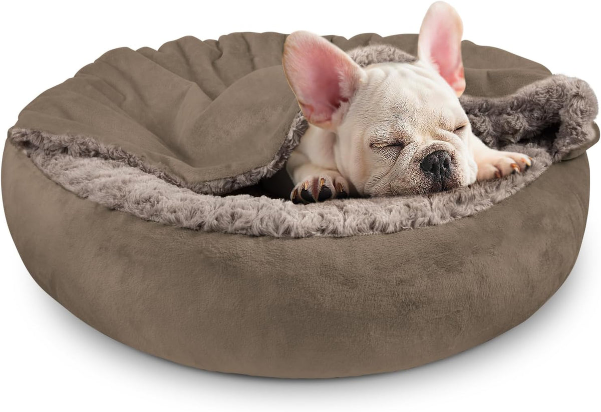 JOEJOY Small Dog Bed Cat Bed with Hooded Blanket - M(26" x 26" x 8") / Dark Brown