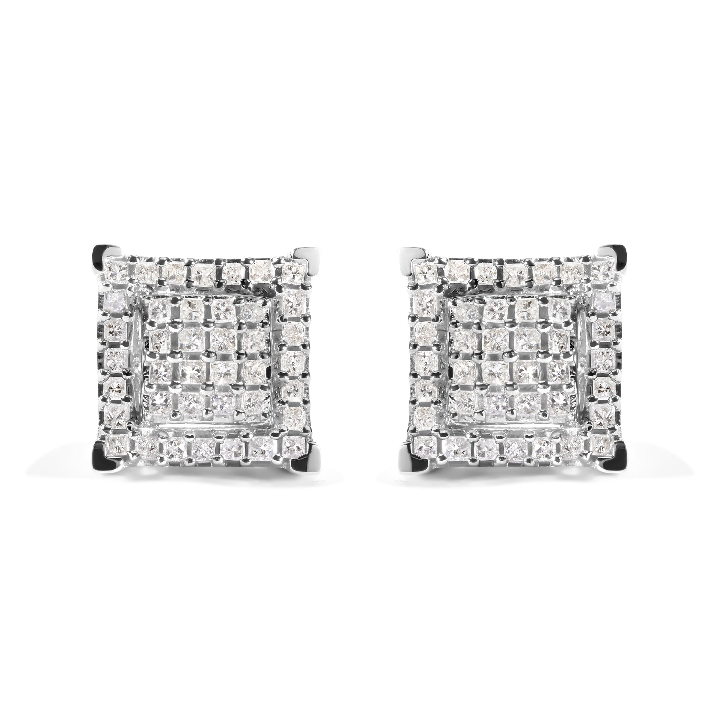 10K White Gold 1 1/4 Cttw Princess Diamond Composite Double Square and Halo Stud Earrings (I-J Color, I1-I2 Clarity)