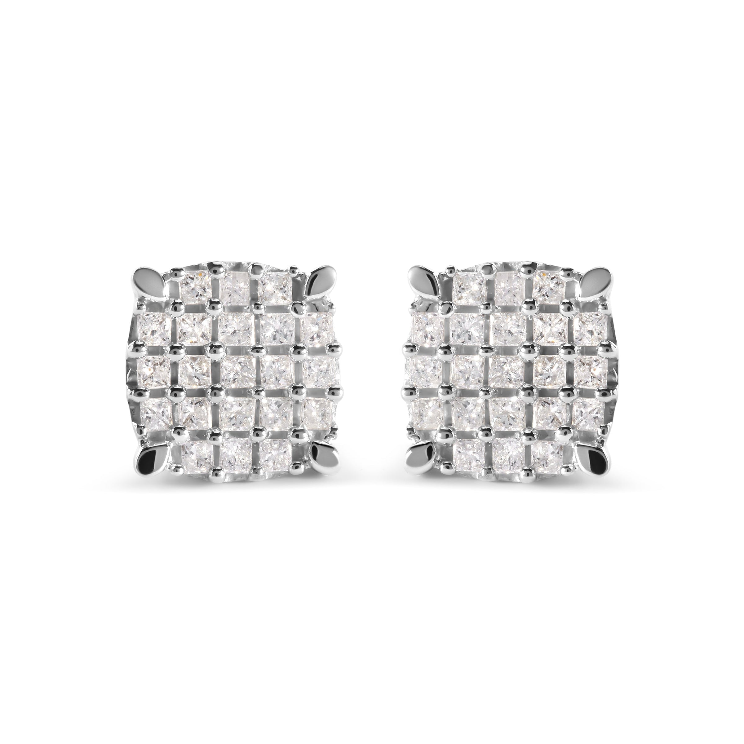 10K White Gold 3/4 Cttw Princess Diamond Composite Cushion Shape Stud Earrings (I-J Color, I1-I2 Clarity)